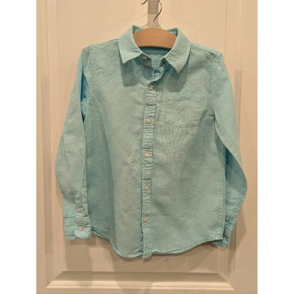 Janie And Jack Aqua Blue Kids Boys Linen Cotton Easter Button Down Shirt Size 7
